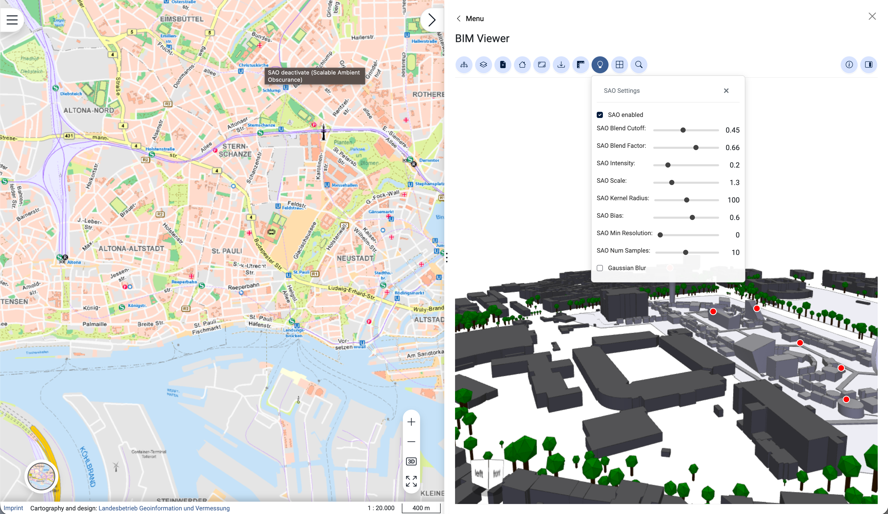 Masterportal integrated with xeokit viewer showing 3D BIM model