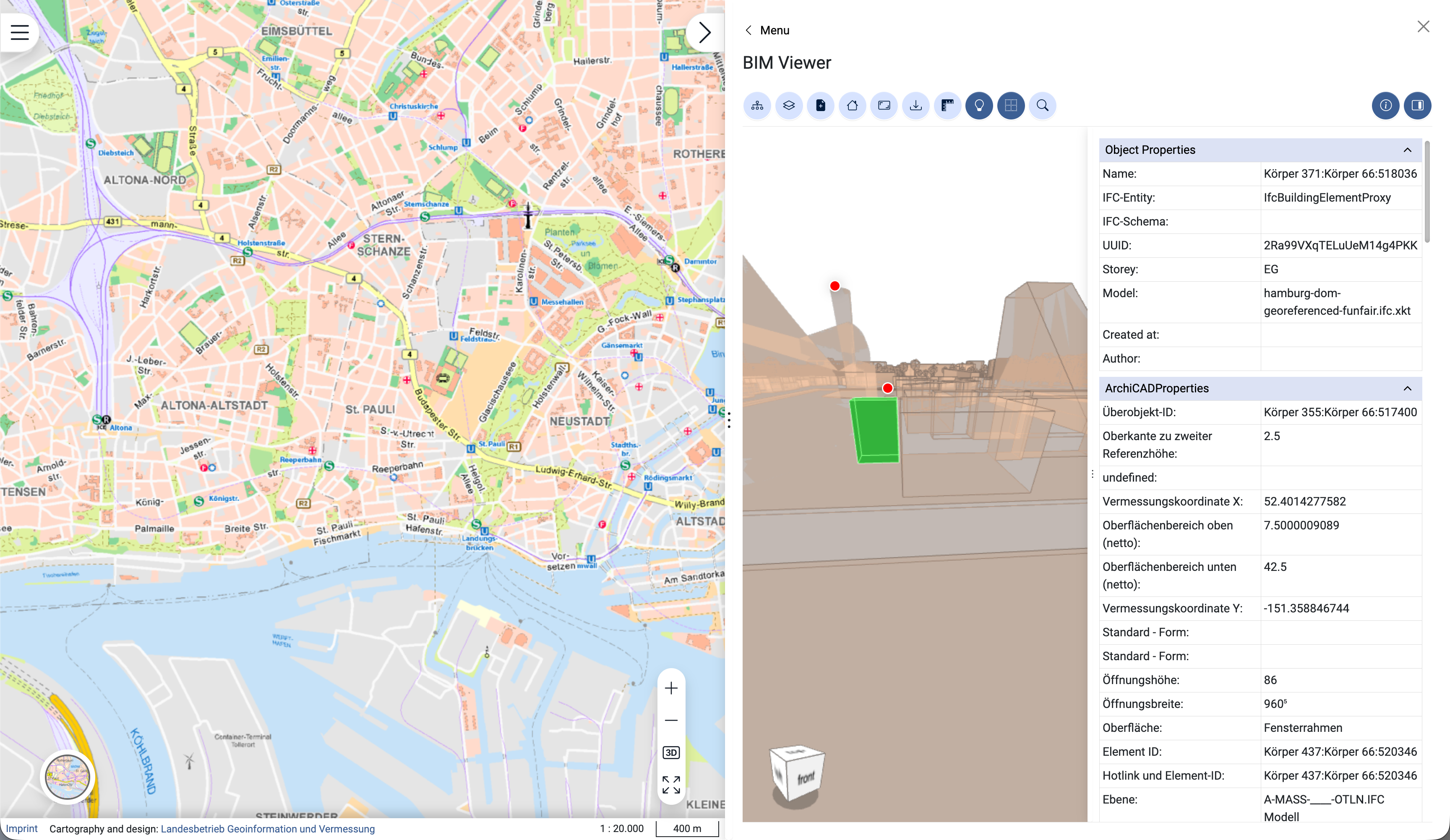 Masterportal integrated with xeokit viewer showing properties view